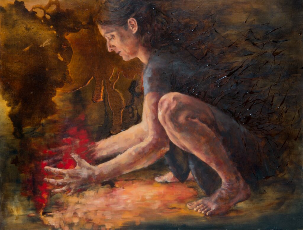 Peinture contemporaine à l'huile d'une femme accroupie avec effets de matière et de lumière par Mathilde Mesnildot