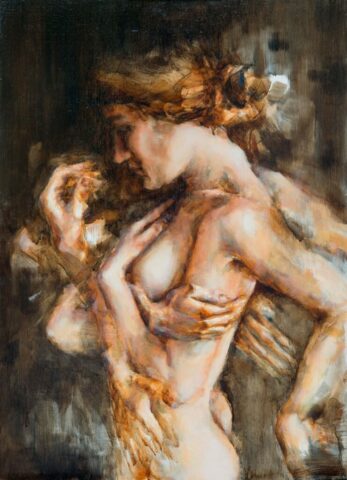 Peinture contemporaine d'une jeune femme cherchant à ressentir les limites de son corps par Mathilde du Mesnildot- Occitanie