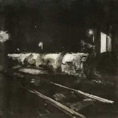 Estampe contemporaine, Monotype contemporain, noir et blanc, scène de gare,, gare, train, nuit, Hongrie