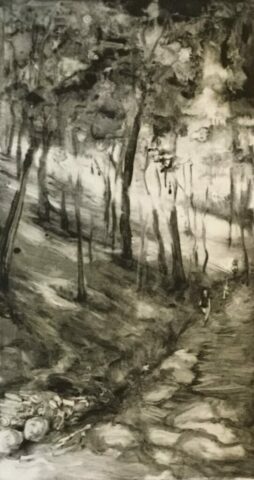 Estampe contemporaine, Monotype contemporain, noir et blanc, forêt, Hongrie