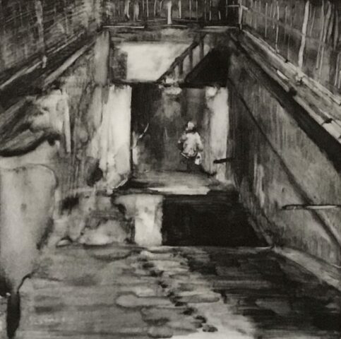 Estampe contemporaine, Monotype contemporain, noir et blanc, scène de rue, Hongrie