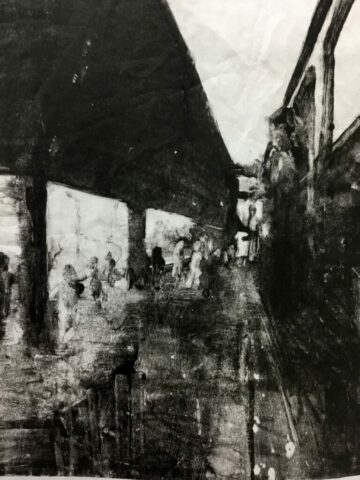 Estampe contemporaine, Monotype contemporain, noir et blanc, scène de gare, Hongrie