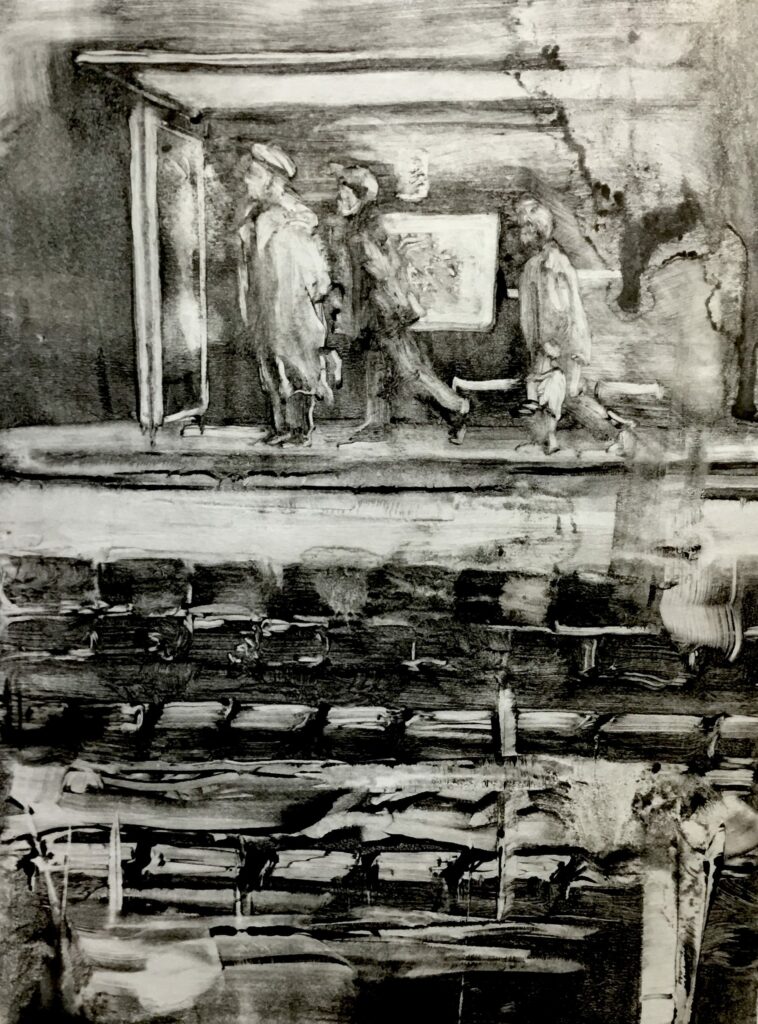 Monotype contemporain en noir et blanc d'une scène de rue par Mathilde du Mesnildot