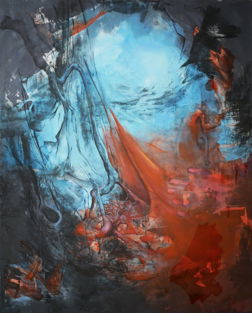 Le lien du silence, huile et fusain sur bois, 2024