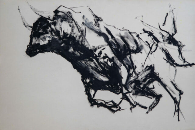 Grand dessin expressif en noir et blanc d'un taureau par Mathilde du Mesnildot Grand dessin contemporain, Toulouse,