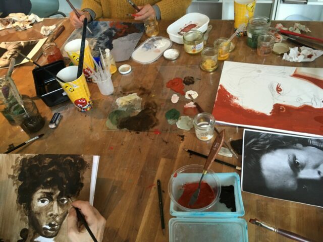 Pratiques plastiques contemporaines, enseignement, créativité, stage, Toulouse, Huile, Matières picturales, Tempera, Peinture, Expression, Figuration, Espace Eclair, Portrait